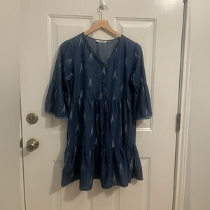 Haute Curry- denim tunic dress 
W/a V neck bell-sleeves